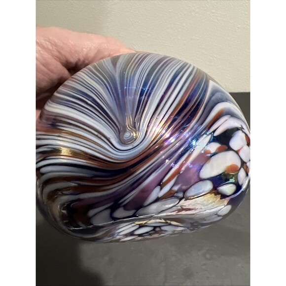 Art Glass Globe Vase with Purple Blue Brown Swirls Sphere Vintage - Picture 12 of 15